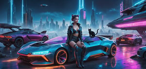 photograph, photorealistic, ultrarealistic, 8k, high res, masterpiece, cyberpunk city far in the future, grungy elements, people in high tech clothes, flying cars, neon lights, [cat laying on a rooftop], sexy woman leaning on car