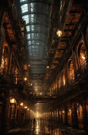 underground steampunk city, vast, high ceilings, gritty, (dimly lit), noir, masterpiece