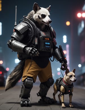 Closeup photo of a cyberpunk angry badger in night city holding a walkie-talkie and walking a (((robot-dog))), prc152