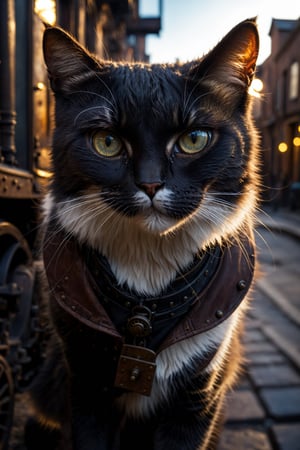 RAW photograph, shot with Canon6D Mark 2, 50mm Nikon, photorealistic, ultrarealistic masterpiece, highly detailed face and skin texture, realistic skin, high contrast, high resolution, evening lighting, mood lighting, best quality

cat wandering through an old steam punk city, zoomed out, wide angle