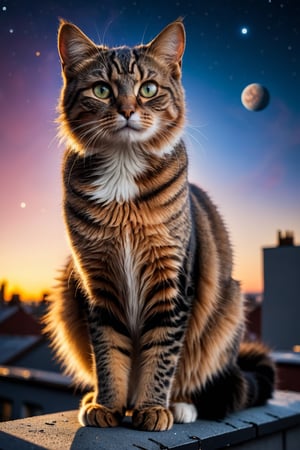 RAW photograph, shot with Canon6D Mark 2, 50mm Nikon, photorealistic, ultrarealistic masterpiece, highly detailed face and skin texture, realistic skin, high contrast, high resolution, evening lighting, mood lighting, best quality

cat standing on roof of a building staring into space, visible planets and galaxies 