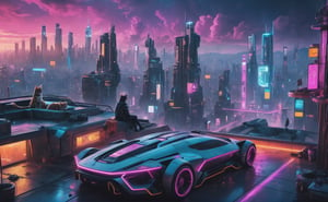 photorealistic, ultrarealistic, 8k, high res, cyberpunk city far in the future, grungy elements, people in high tech clothes, flying cars, neon lights, cat laying on a rooftop