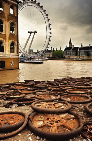 post apocalyptic London, London eye, broken, rusted, dilapidated buildings, Thames dried up,