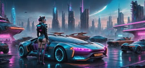 photograph, photorealistic, ultrarealistic, 8k, high res, masterpiece, cyberpunk city far in the future, grungy elements, people in high tech clothes, flying cars, neon lights, [cat laying on a rooftop], woman driver leaning on car