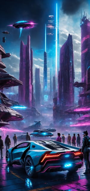 photograph, photorealistic, ultrarealistic, 8k, high res, masterpiece, cyberpunk city far in the future, grungy elements, people in high tech clothes, flying cars, neon lights, cat laying on a roof of car, nebula visible in night sky