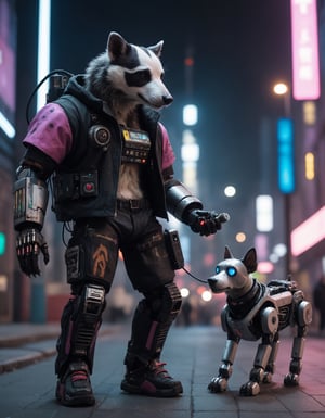 Closeup photo of a cyberpunk badger in night city holding a walkie-talkie and walking a (((robot-dog)))