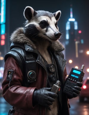 Closeup photo of a cyberpunk badger in night city holding a radio