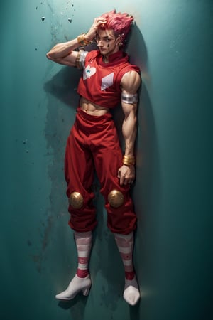 highres, ultra detailed, (Hisoka) hunter x hunter, full body, perfect,  glazed eyes,  small pupils eyes, white skin, man, wearing Aladdin shoes, Card symbols on both chests.