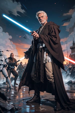 Jedi, Master, Male_Warrior, Male Knight, Torn_Cloak, Torn Clothes, Fight_Traces, 1 Boy, (Multiple_Enemies,surrounded_Enemies),,SateleShan,in jedioutfit,torn clothes,light_saber,black dress,cloth pieces,storm trooper