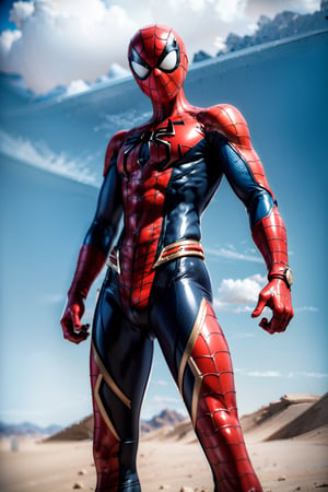 sharpness, Spiderman with ironsuit, desert background, perfect lighting, high_resolution