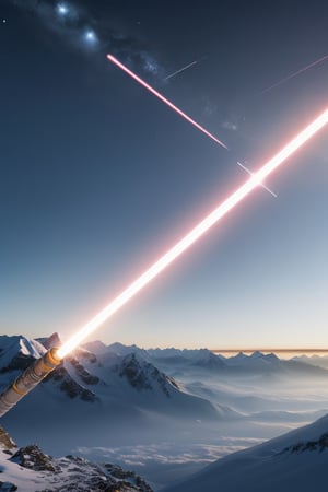 No people, no human, meteor above mountains, There is a white light saber from the mountains into the sky, (realistic, photo-Realistic:1.1), best quality, masterpiece, and aesthetic, 16K. 