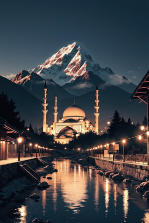  A mosque that stands firmly on a mountain, the mountain is surrounded by a river, there is a road to the mosque, evening atmosphere, lots of people coming in mosque, this photo was taken from a distance, 8k, aesthetic, vivid color, detailed. 