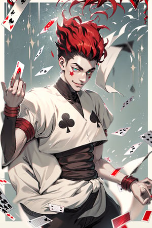 1boy, (hisoka) hunter x hunter, ultra detail, black micro pupils eyes glazed, v-shaped_eyebrows, white skin, smile without teeth, card symbols on his chest, perfect, detail, battle arena background, red_hair, Carry a deck of cards in your left hand.