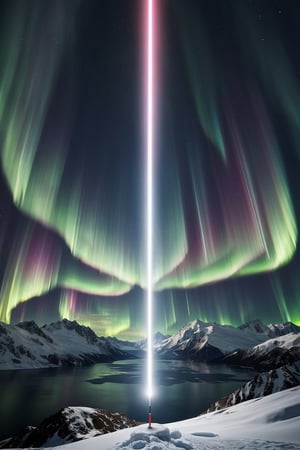 No people, no human, aurora above mountains, There is a white light saber from the mountains into the sky, (realistic, photo-Realistic:1.1), best quality, masterpiece, and aesthetic, 16K. 