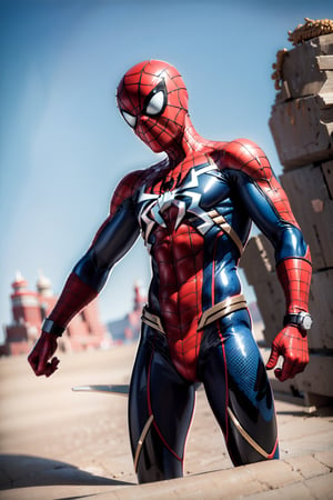 sharpness, Spiderman with ironsuit, desert background, perfect lighting, high_resolution