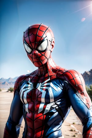 sharpness, Spiderman with ironsuit, desert background, perfect lighting, high_resolution