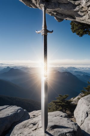 No people, no human, meteor above mountains, The excalibur sword stuck in the rock, (realistic, photo-Realistic:1.1), best quality, masterpiece, and aesthetic, 16K. 