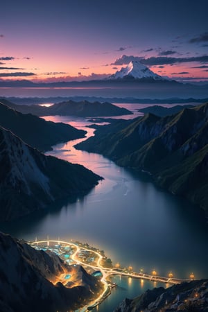  a mosque from a distance above mountain like Raja Ampat, the mountain is surrounded by a river, there is a road to the mosque, evening atmosphere, lots of people coming in mosque, this photo was taken from a distance, 8k, aesthetic, vivid color, detailed. 