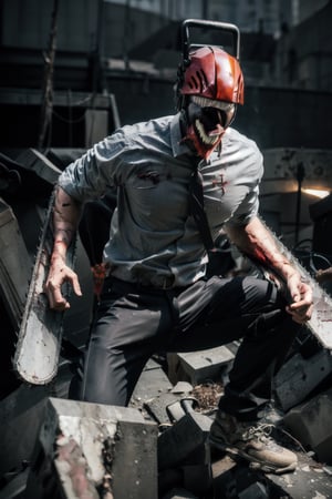 masterpiece, best quality, highres, monster boy, djb, detail sharp teeth, super detail chainsaw, blood on clothes, blood on weapon, collared shirt, black pants, tongue out, dja, (model super same as seed), destroy city background, no error, ultra detail, full hd, awesome lighting, detail hand,girl
