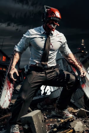 masterpiece,  best quality,  highres,  monster boy,  djb,  sharp teeth,  chainsaw,  blood on clothes,  blood on weapon,  collared shirt,  black pants,  tongue out,  dja, same as seed, fix image render, chainsaw man, uhd, stormy ,dja, black necktie, white shirt, destroy city background 