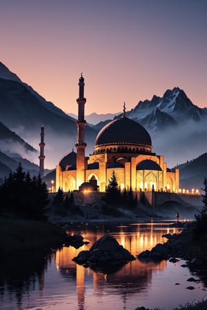  A mosque that stands firmly on a mountain, the mountain is surrounded by a river, there is a road to the mosque, evening atmosphere, lots of people coming in mosque, this photo was taken from a distance, 8k, aesthetic, vivid color, detailed. 