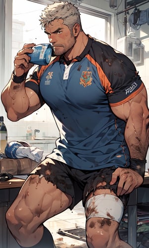  (best Quality), (Masterpiece), arafed, an illustration of an aged were aged dad , (mature_male), light_brown skin, bara, tight shirt, rugged, muscular pectorals, huge pectorals, thick forearm, solo, facial hair, short hair, shorts, hairy stubble, water bottle, manly, (niji), rugby uniform, stains, dirty, 1boy,