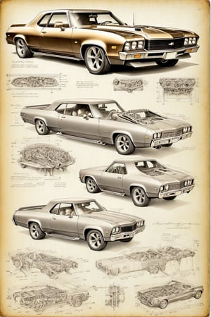 Leonardo DaVinci's art style on the theme of original  Chevrolet El Camino SS 1970 and parts on the style of Technical drawing and isometric views, colors only available during the Renaissance era, golden ratio,6000,Magical Fantasy style, pencil drawing 
