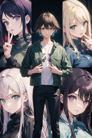 retro anime screenshot, dark blonde girl wearing blue striped shirt and denim jacket, long straight hair, ((green eyes)), fashion, streetwear, white pupils, expressive eyes, hoshino_ai, expressive, sharp eyes, black spiked hair boy,1boy on center foreground, multiple girls on background,promotional image, epic composition,multiple girls