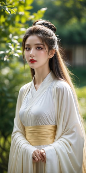 A beautiful blonde with long hair stands in front of a lush green tree.slightly raised lips,deep red lipstick,Beautiful and delicate eyes,An extremely delicate and beautiful girl,cute,extremely detailed face,Beautiful detailed hair,very aesthetic,lots of detail,8K,hyperdetalization,Greg Rutkowski style, close-up starlight anime sdxl,hanfu