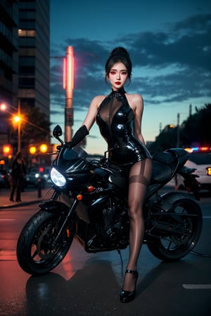 A lone cyborg woman stands confidently at night, her black ponytail flowing behind her. Her red lips are slightly upturned, and her delicate features are illuminated by a lamppost's soft glow. She wears a sleek bodysuit, gloves, and high heels, with a motorcycle parked beside her on the city street. A police car speeds by in the background, its sirens blaring under the towering building's neon lights. The watermarked cityscape stretches out into the night, with fair skin, ultra-fine details, and photorealistic features defining her beautiful face. Her big eyes seem to sparkle, framed by her delicate eyebrows and lashes.,black pantyhose