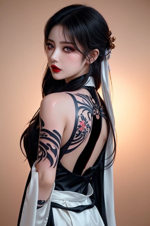 Close-up of an attractive woman wearing Hanfu, her back and side profile exposed. She sits confidently with her back to a subtle gradient background, where soft golden lighting highlights her intricate tattoos. Her bright tattoos stood out against the delicate fabric of her costume, and her lips were slightly upturned in crimson lipstick. Her eyes, beautifully contoured by delicate eyelashes, directly lock the viewer's gaze. Her face is the perfect balance of delicacy and strength, with delicate features and ultra-fine skin texture giving the illusion of real-life perfection. A thumb and four fingers form her hand as she looks directly at the viewer, her tattoos becoming a vibrant backdrop to her captivating presence. ((Glossy tattoo on back)),WOOHEE,pretty
