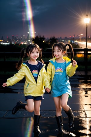 Here is a prompt for an SD image:

Two girls in yellow raincoats and boots playfully jump into a puddle, their bright smiles reflected in the transparent water's surface. The vibrant rainbow behind them harmonizes with their joyful atmosphere. Energetic girl with pigtails and her friend with twin tails hold hands, splashing water as they frolic. Their adorable faces, highlighted by cinematic lighting, exude cuteness amidst the fine-weathered cityscape at twilight, where a metropolis and sky train background subtly blend with the bokeh. The scene is bathed in stunning light, accentuating their lifelike features: fair skin, perfect anatomy, big eyes, and delicate hair.