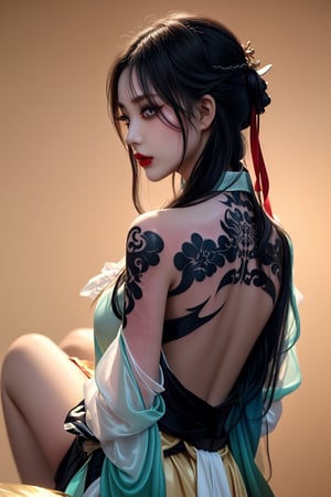 Close-up of an attractive woman wearing Hanfu, her back and side profile exposed. She sits confidently with her back to a subtle gradient background, where soft golden lighting highlights her intricate tattoos. Her bright tattoos stood out against the delicate fabric of her costume, and her lips were slightly upturned in crimson lipstick. Her eyes, beautifully contoured by delicate eyelashes, directly lock the viewer's gaze. Her face is the perfect balance of delicacy and strength, with delicate features and ultra-fine skin texture giving the illusion of real-life perfection. A thumb and four fingers form her hand as she looks directly at the viewer, her tattoos becoming a vibrant backdrop to her captivating presence. ((Glossy tattoo on back)),WOOHEE,pretty