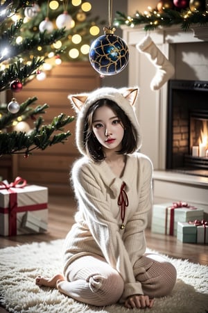Fantasy photorealistic art of a cute cat Tom in a festive costume standing on the floor tries to hang a beautiful glass sphere on a branch of a Christmas tree, Christmas attributes, cinematic shot, soft light, amber light, magic atmosphere , flying particles, Christmas soks,thm style