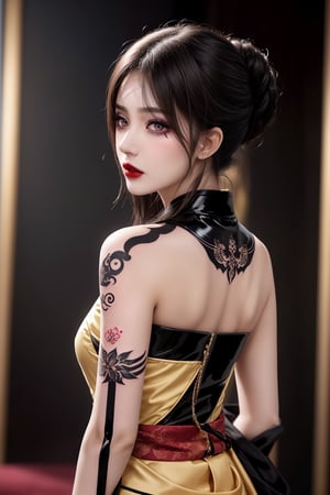 Close-up of an attractive woman wearing Hanfu, her back and side profile exposed. She sits confidently with her back to a subtle gradient background, where soft golden lighting highlights her intricate tattoos. Her bright tattoos stood out against the delicate fabric of her costume, and her lips were slightly upturned in crimson lipstick. Her eyes, beautifully contoured by delicate eyelashes, directly lock the viewer's gaze. Her face is the perfect balance of delicacy and strength, with delicate features and ultra-fine skin texture giving the illusion of real-life perfection. A thumb and four fingers form her hand as she looks directly at the viewer, her tattoos becoming a vibrant backdrop to her captivating presence. ((Glossy tattoo on back)),WOOHEE,pretty,navel,cute