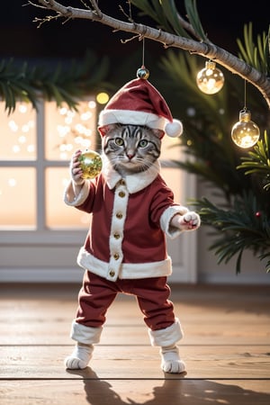 Fantasy photorealistic art of a cute cat Tom in a festive costume standing on the floor tries to hang a beautiful glass sphere on a branch of a Christmas tree, Christmas attributes, cinematic shot, soft light, amber light, magic atmosphere , flying particles, Christmas soks,thm style