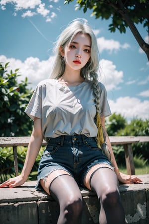 1girl, long hair, white hair, red eyes, slightly upturned lips, beautiful and delicate big eyes, jitome, flat chest, sitting, in the park, daytime, blue sky, clouds, black shorts, white shirt, long pantyhose, camera,Detailedface,solo