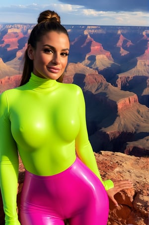  ((( Lea Michele ))), (((extremely slim strong skinny toned physique ))),((( taking a selfie on top of the Grand Canyon with sisters))), (((matte bright hot neon latex turtleneck  catsuit dress flowing long dress full neon tight flowing  long dress skirt ))), (((extremely single long French braid))), sultry smirk, (((over the top plump breasts:2.35))), perfect lighting, entire body covered in skintight latex, out of focus background , complete drenched