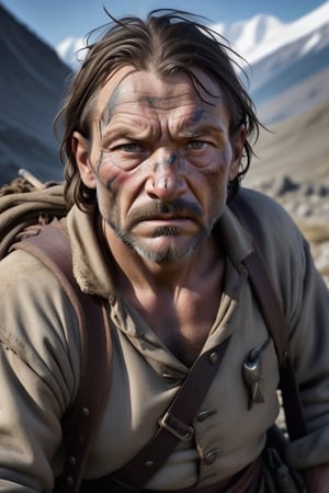 Tough trapper, explorer, hardened face, full of scars, wrinkles, clothes with visible traces of the hardships of the journey, with inherent weapons in hand, fearless willpower, ability to survive, brutal world, XV century