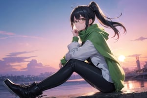 The picture shows a character wearing a white hooded jacket and black leggins. The character is wearing a green scarf that partially covers the lower part of his face. The background is sunset, creating a comfortable atmosphere. make anime girl. very detailed illustration, 8K. full body, boots, add milieu glasses that emphasise her stern look. Black hairs in ponytails