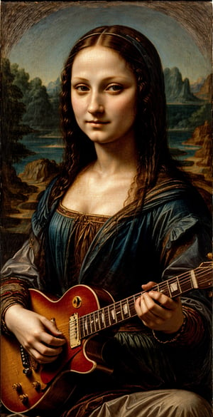 (UPPER BODY PORTRAIT)art by Leonardo da Vinci, mona lisa playing les paul electric guitar, etheral lighting, high contrast featuring muted colors, ultra detailed,  ,Masterpiece