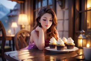 (( a elegantly beautiful girl in her twenties and her kitten are sharing one beautiful cupcake:1.2)), long hair, pretty face, (a kitten sitting on the table), sitting next to the window, late night, moon light sprinkle, warm lamp, there is hot tea on the table, rain outdoors, there is a warm fireplace),(masterpiece, Long focal length lens，best quality, ultra-detailed, 8K),beautiful house in mountains free space from trees, daylight:),bobcut,(colorful),cinematic lighting,midjourney
