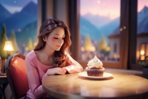 (( a girl in her twenties and her kitten are sharing one beautiful cupcake:1.2)), Romantic French lady, long hair, pretty face, (a kitten sitting on the table), sitting next to the window, late night, moon light sprinkle, warm lamp, there is hot tea on the table, rain outdoors, there is a warm fireplace),(masterpiece, Long focal length lens，best quality, ultra-detailed, 8K),beautiful house in mountains free space from trees, daylight:),bobcut,(colorful),cinematic lighting,midjourney
