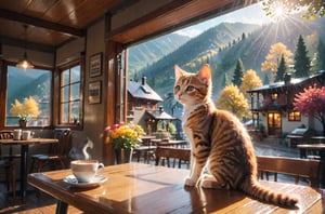 a coffee shop, (girl:1.3), (kitten sitting on the table:1.1), sitting next to the window, sunlight sprinkle, there is hot coffee on the table, rain outdoors, there is a warm fireplace in the coffee shop,, (masterpiece, best quality, ultra-detailed, 8K),beautiful house in mountains free space from trees, daylight:),bobcut,(colorful),cinematic lighting,midjourney