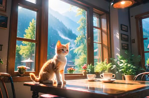 a coffee shop, (girl:1.3), (kitten sitting on the table:1.1), sitting next to the window, sunlight sprinkle, there is hot coffee on the table, rain outdoors, there is a warm fireplace in the coffee shop,, (masterpiece, best quality, ultra-detailed, 8K),beautiful house in mountains free space from trees, daylight:),bobcut,(colorful),cinematic lighting,midjourney