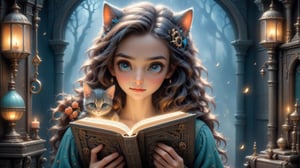 portrays a whimsical scene where one pretty young women and a small kitten are reading an ornate, and ancient-looking book. The book is open, displaying intricate and mysterious symbols, glyphs, and enigmatic illustrations across its pages. positioned with an intrigued or focused expression, its gaze fixed upon one of the symbols as if decoding its meaning.
In the backdrop, dark night, rain outdoors, there is a warm fireplace),(masterpiece, best quality, ultra-detailed, 8K),beautiful house in mountains free space from trees, dark night, moonlight comes through window:),bobcut,(colorful),cinematic lighting,midjourney