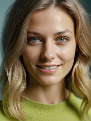 Portrait, A Woman, Richard Avedon, Photo studio, Classic Portrait Smile, Feeling of Hope, Love, soft smile, light lime green background, Long blonde hair, Strong self-confidence face, more detailed face skin texture more detailed eyelashes, more detailed face skin textures, cinematic lighting, future clothing, Brown hair, introvert, light blue background, high resolution, photorealistic, photo, realism, sharp photography, a photograph of, maximum detail, sharp focus, intricate details, ultra-realistic, cinematic lighting, volumetric lighting, photography, beautiful details, cinematic lighting, render, 8k, Portra 800 medium format film, 105mm SMC Takumar, 3200 dpi scan, mist, octane render, unreal engine, 8k, photorealistic, digital, detailed, extra fine details, award photo quality, photorealism, 8k, UHD, unreal engine, octane, highly realistic resolution UHD 8k octane,better_hands,photorealistic,Makeup,more detail ,GIRL, less detail