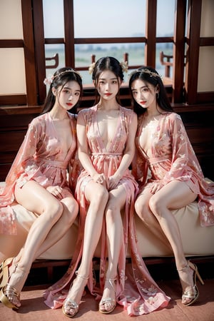 group girls, group chinese classical beauty, 3 beauty chinese girls, Chinese classical hairstyle, Chinese hair accessories, C cup, tall and thin, 25-year-old beautiful young girls, height 170cm, weight 45-50kg, thin legs, full body to the feet, wear different type Chinese classical costume, (different style and color, sexy silk translucent chinese dress, high slit), cleavage, nude top, nude inside, show the boobs, nipples, Chinese style sandals,(flat woven sandals, different type sandal), show the long legs, detailed skin texture, white skin, beauty 3 girls, in the chinese temple building indoor, sexy sitting pose, show the nude long legs, each girl has different style, 3 young girls, ancient chinese beauties,ancient_beautiful,myhanfu, hanfu,sexy chinese girls,chinese clothes,lelev3,chinese dress include,Better light, clothes, and hair onarment, fur bunny ear