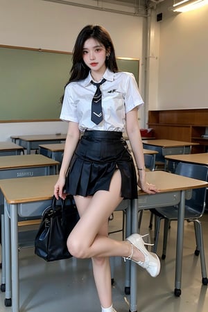 1 Korean girl,female high school student,black long high ponytail,high school,classroom,blurry background,bright,depth of field,earrings,from below,full body,long beauty legs,From below,Looking up,Shoes close to the camera,brown high school uniform, dark pleated skirt,very very short skirt,(Show the top of the thighs), leather shoes,Sitting posture,jewelry,lips,long hair,looking at viewer,motion blur,parted lips,school,solo,Nice legs and hot body,full body to the feet