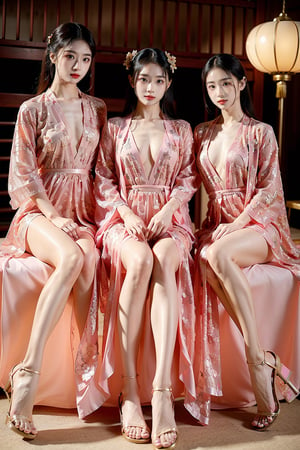 group girls, group chinese classical beauty, 3 beauty chinese girls, Chinese classical hairstyle, Chinese hair accessories, C cup, tall and thin, 25-year-old beautiful young girls, height 170cm, weight 45-50kg, thin legs, full body to the feet, wear different type Chinese classical costume, (different style and color, sexy silk translucent chinese dress, high slit), cleavage, taking a Chinese fan, Chinese style sandals,(flat woven sandals, different type sandal), show the long legs, detailed skin texture, white skin, beauty 3 girls, in the chinese temple building indoor, sexy sitting pose, show the nude long legs, each girl has different style, 3 young girls, ancient chinese beauties,ancient_beautiful,myhanfu, hanfu,sexy chinese girls,chinese clothes,lelev3,chinese dress include,Better light, clothes, and hair onarment, fur bunny ear